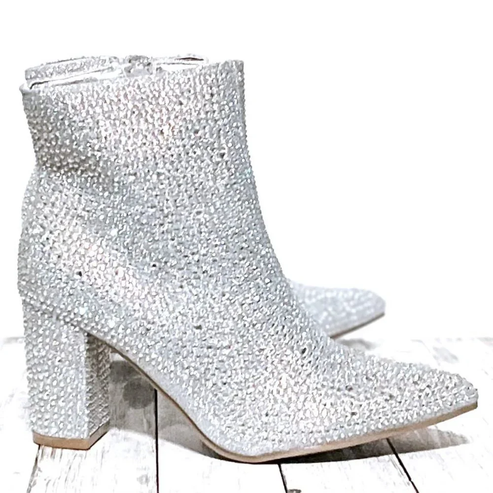 New Women Silver Rhinestone Blingy Pointed Toe Ankle Boots Booties - Picture 3 of 6